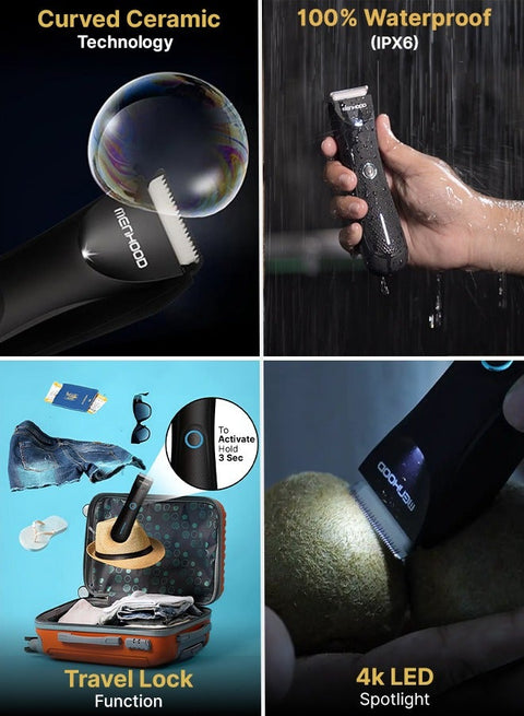 MENHOOD Trimmer Mini All-in-one Trimmer for Men with Waterproof IPX6 Design, SkinSafe Ceramic Technology, QuietRun 7000 RPM Motor, 4000K LED for Low Light Areas, Travel Lock, 90 Min Run Time & Fast Charging