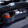 Universal car seat gap organizer with cup holder and side pocket for the car console with wireless charging and retractable iOS Type-C cable.