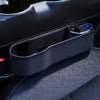 Universal car seat gap organizer with cup holder and side pocket for the car console with wireless charging and retractable iOS Type-C cable.