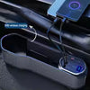 Universal car seat gap organizer with cup holder and side pocket for the car console with wireless charging and retractable iOS Type-C cable.