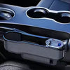 Universal car seat gap organizer with cup holder and side pocket for the car console with wireless charging and retractable iOS Type-C cable.